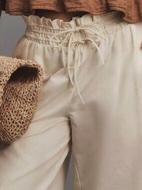 Anthropologie Linen Pull-On Pants Ivory Wide Leg Paper Bag Waist ExtraSmall